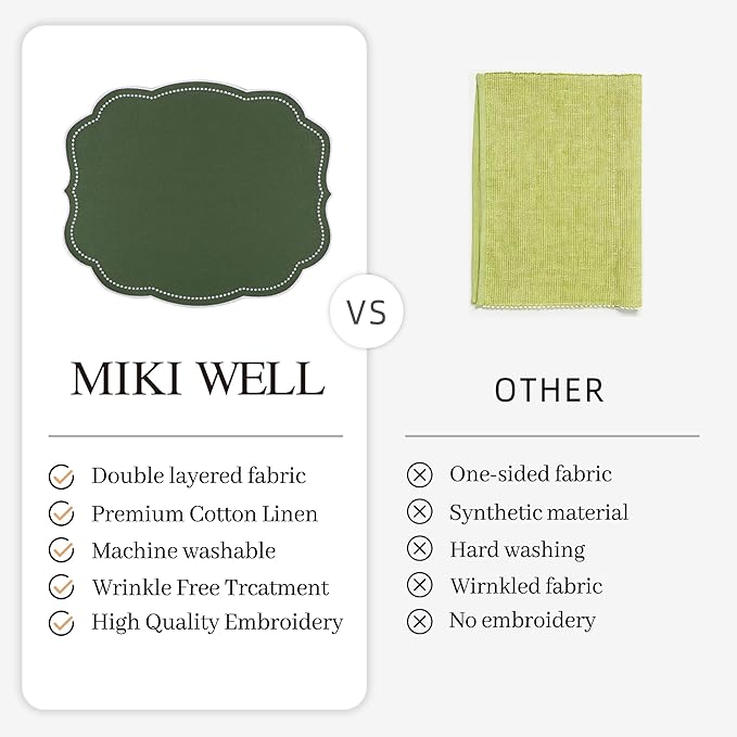 Cotton Linen Placemats Set of 4 - Double Layered, Luxury Scalloped Embroidered Cloth Table mats - Holidays, Christmas, Washable Mat, 16 x 13 inch (Green)
