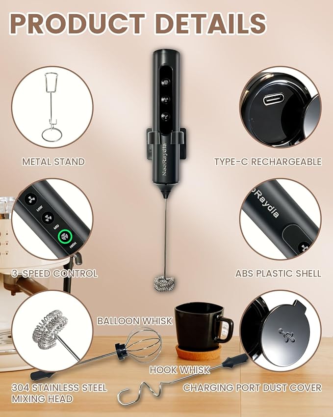 Electric Handheld Milk Frother Wand Rechargeable, 3-Speed Preventing Splashing Drink Mixer with Stand, 10-Second Frothing for Coffee, Matcha, Latte, Cappuccino, and Protein Shakes, Black