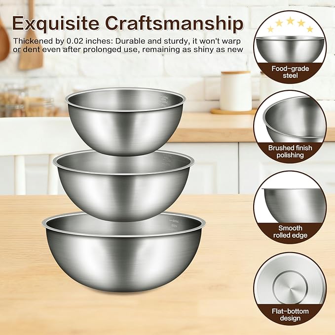 Gronivex Stainless Steel Mixing Bowls Set, Food Grade 304, Dishwasher Safe & Stackable for Baking, Tossing Salads, and Meal Prep for Your Kitchen (3 pack-1.45,2.22,3.38qt, no lid)