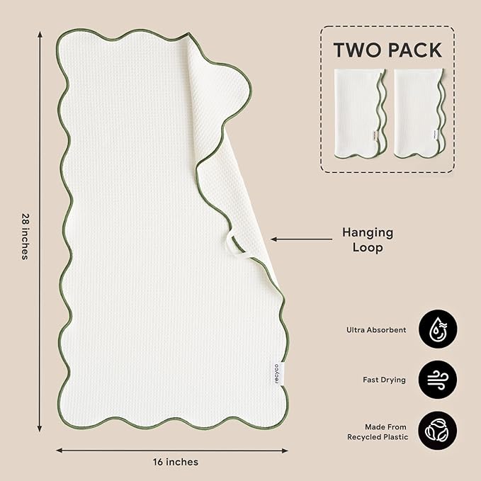 RECYCO Waffle Kitchen Towel Set of 2 - Quick Dry Microfiber Sustainable Dish Towels - Ultra Absorbent Reusable Cleaning Tea Towels - Lightweight Hand Towels,16”x 28”, Lorden Green