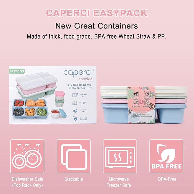 Caperci Bento Box Adult Lunchable Container - Reusable 3-Pack Snack Box Containers with 5-Compartment & 3pc Dressing Cups, BPA-Free Food Storage for Meal Prep, School, Work (Vintage Colors)