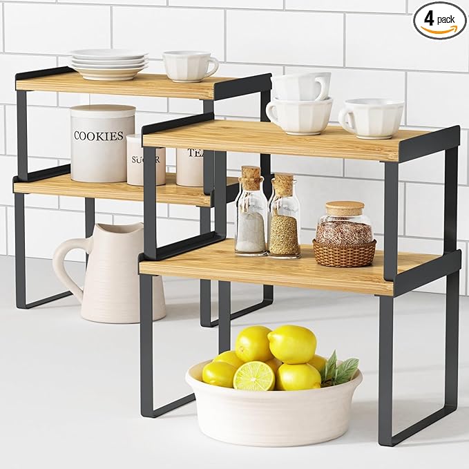 Goozii Kitchen Cabinet Organizer Shelf Set of 4, Pantry Organizers and Storage Shelves for Plates Dishes Cups Mugs, Cupboard Counter Cabinet Shelf Riser for Countertop (Bamboo Wood and Black Metal)