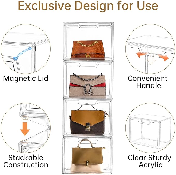 Freebat Stackable Storage Bins, Clear Acrylic Display Case, 5-Pack Acrylic Boxes with Lids, Clear Storage Containers Storage for Handbags, Collectibles & Figures