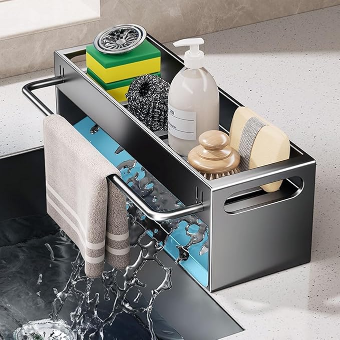 Kitchen Sink Caddy Organizer - Stainless Steel Dish Soap Brush Holder Countertop Sink Organizer for Kitchen Organizers and Storage (GreyLarge)