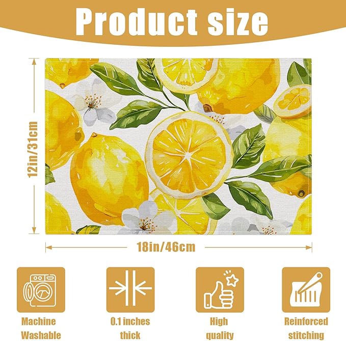 Watercolor Lemon White Flower Placemats Set of 6, Linen Place Mat Washable Stain Resistant Table Mats for Farmhouse Kitchen Dining Party Wedding Decor 12x18 Inch