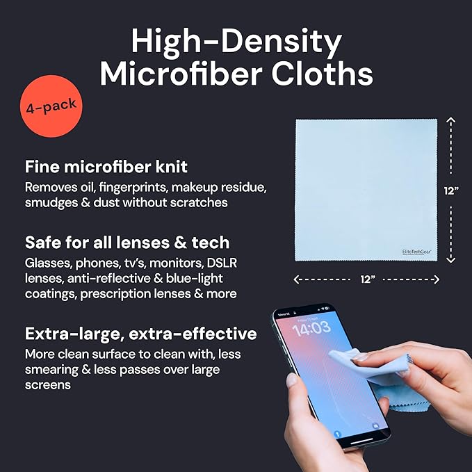 Elite Screens Microfiber Cleaning Cloth - 12" x 12", 4-Pack, Blue - Oversized Screen Cleaning Cloth - Streak-Free Glasses Wipes - Scratch-Resistant Lens Wipes for Eyeglasses