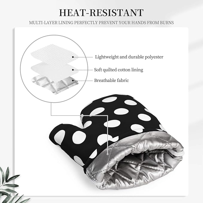 Black White Retro Polka Dot Oven Mitts and Pot Holders Sets of 4, Heat Resistant Silicone Oven Mittens and Potholders Gloves Hot Pads for Kitchen Cooking Baking Grilling BBQ Chef