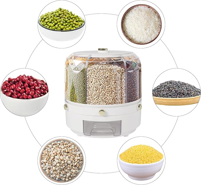Rice Dispenser 6 Grids Dry Food Storage Containers 360° Rotating Cereal Dispenser for Kitchen Pantry Organization, Storage Bucket for Small Grains, Beans, Rice (6 Grids - A02)