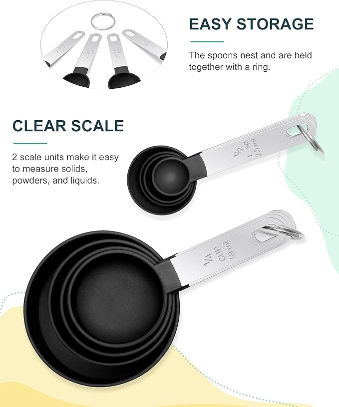 Measuring Cups and Spoons Set of 8 Pieces, nesting measuring cups for Measuring Dry or Liquid Ingredients, Stainless Steel Handle, Kitchen Gadgets for Cooking & Baking （Black）