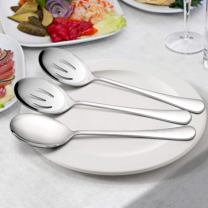 LIANYU 3 Serving Spoons, 3 Slotted Serving Spoon, Stainless Steel Party Buffet Catering Dinner Banquet Serving Spoons, 8 3/4 Inch, Mirror Finish, Dishwasher Safe