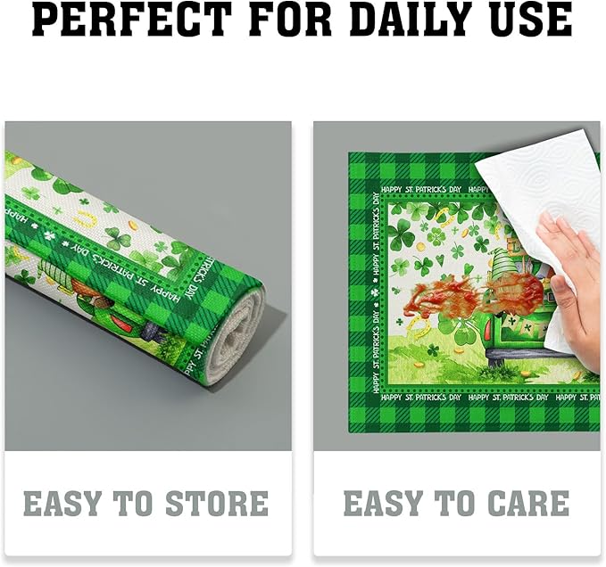 St. Patrick's Day Placemats 12x18 Inch Gnomes Truck Shamrock Clover Gold Coin Heat Resistant Table Mats Set of 4 Green Buffalo Plaid Washable Place Mats for Home Kitchen Dining Holiday Party