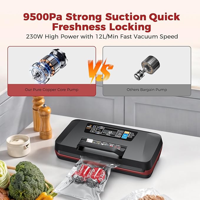95kPa Food Vacuum Sealer Machine, 230W Automatic Food Sealer for Sous Vide, 10-in-1 Preset Modes with Double Heat Seal, Built-in Cutter & Starter Kit for Meal Prep and Storage