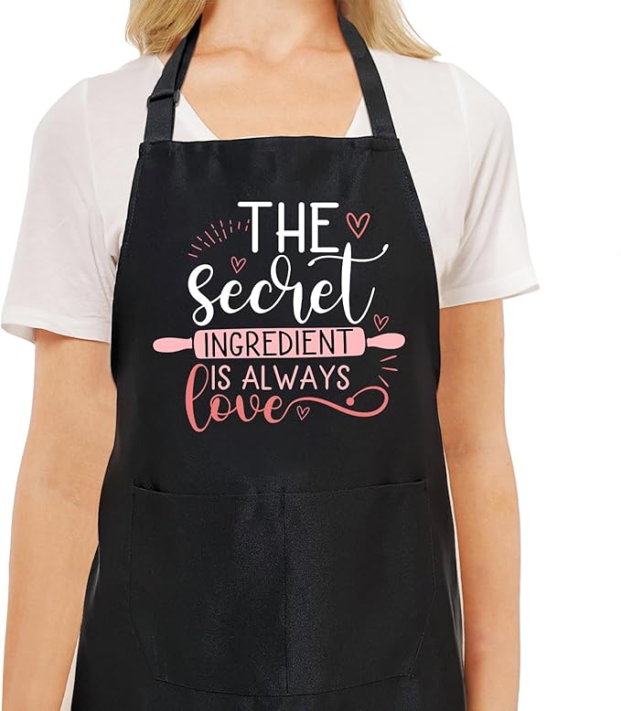 Black Baking Aprons for Women, Adjustable Cooking Baking Kitchen Aprons for Mom Chef with Pockets