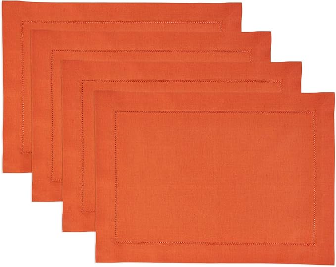 Solino Home Cotton Linen Placemats Set of 4 - Hemstitch Burnt Orange Placemats 14 x 19 Inch - Machine Washable Table Mats