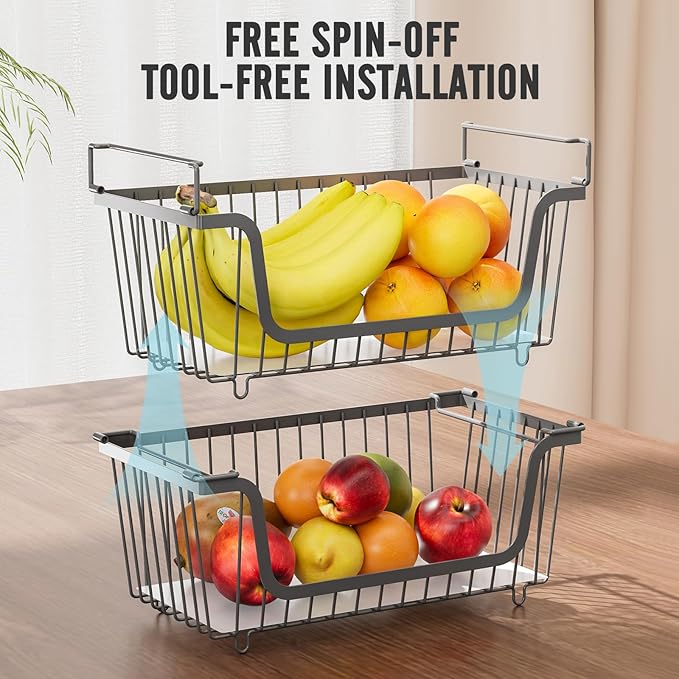 GAOKASE 4 Pcs Stackable Wire Baskets for Pantry Organizers and Storage,Vegetable Fruit Basket for Countertop,Kitchen Storage Metal Baskets,Produce Potato Onion Storage Bin,Gray