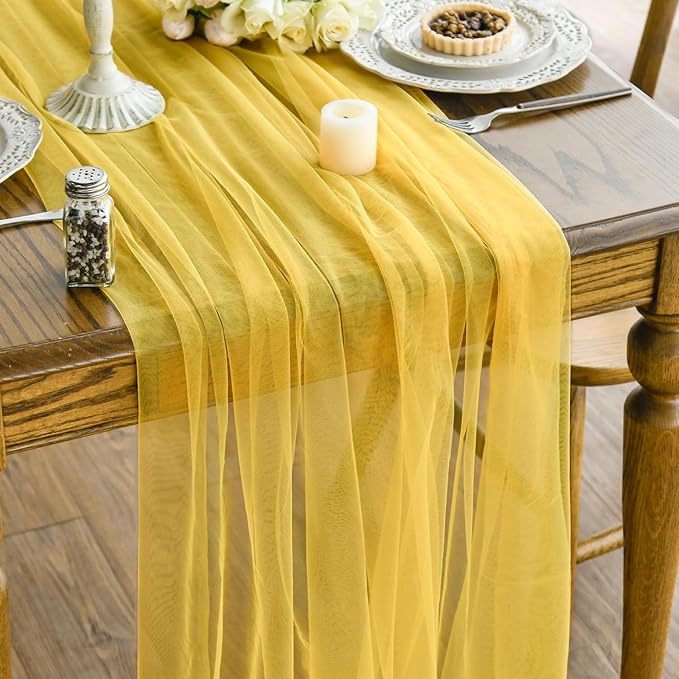 Artoid Mode 10PCS Yellow Gauze Table Runner 120 Inch 10FT, Seasonal Sheer Kitchen Dining Holiday Wedding Birthday Baby Shower Table Decor for Home Party