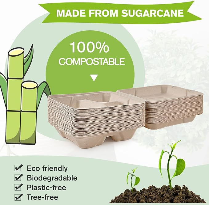 ECOLipak 300 Pack Clamshell To Go Containers, 100% Compostable Disposable Take Out Food Containers, 8X8 inch 3-Compartment Heavy-Duty To Go Boxes