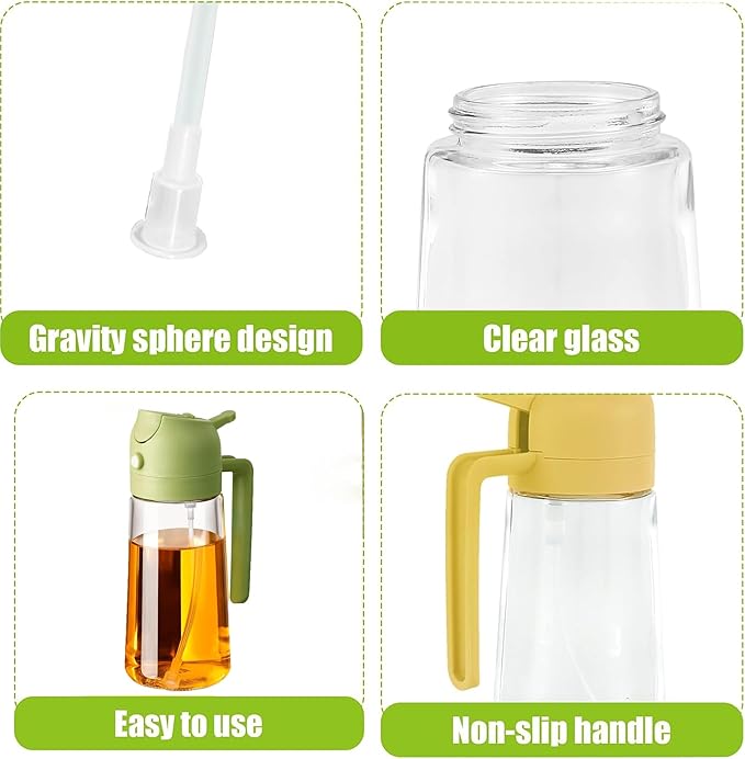 3 Pack 16oz/470 ml Olive Oil Dispenser Bottle 2 in 1 Clear Glass Oil Sprayer and Container Refillable Vinegar Dispenser with Automatic Cap Portable Spray Bottle for Cooking Baking Green