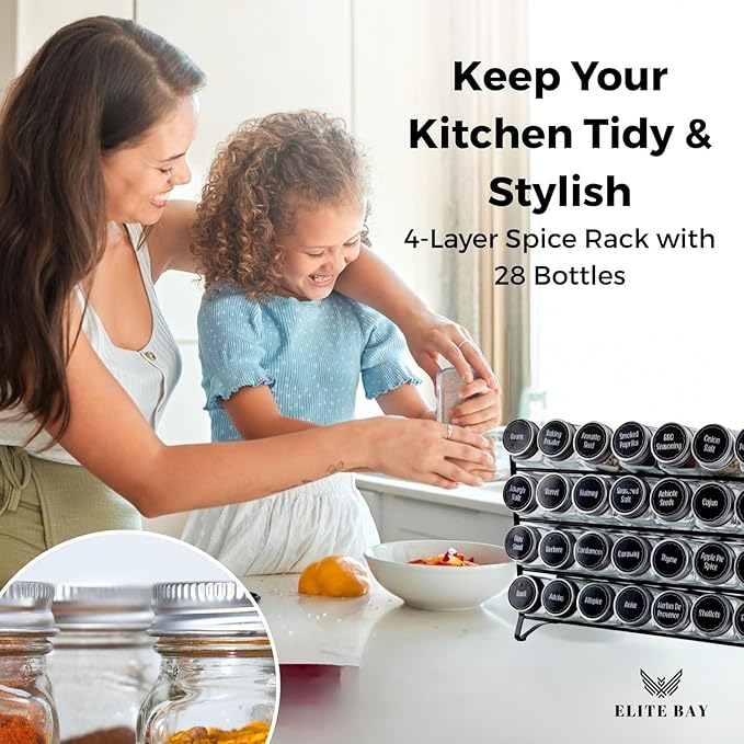 Spice Jar Rack with KEEP – 4-Tier Organizer with 28 Empty Bottles, 180 Waterproof Labels (55 Blanks), Funnel &Screws | Space-Saving Spice Storage Set for Kitchen Counter or Cabinet