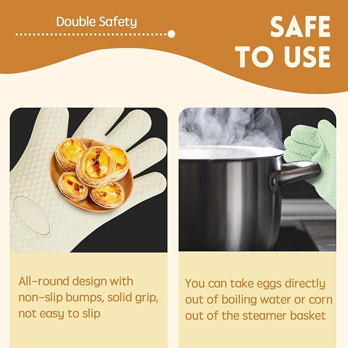 2 Pairs Silicone Oven Mitts Heat Resistant Gloves Heat Resistant Non-Slip Waterproof Kitchen Mittens for Baking, Grilling, Cooking(2 Pairs-Green + White)