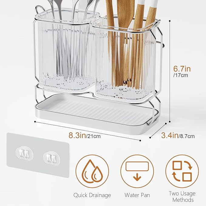 Kitchen Utensil Holder Wall Mount, 6.7" Silverware Holder for Kitchen Countertop, Utensil Drying Holder with Drain Tray for Silverware,Spatula (Silver)