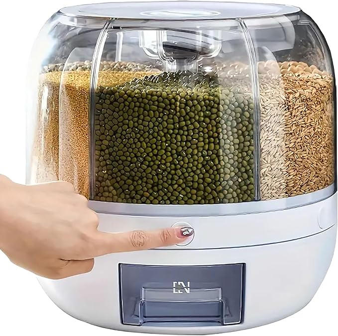 Rotating grain storage container,rice dispenser,6-compartment rice container, 360° rotating food dispenser One-Click Output rice Storage Round Grain Dispenser Kitchen for Grains, Beans, Rice.
