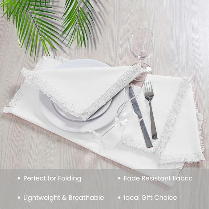 100% Cotton Cloth Dinner Napkins with Fringes Set of 6 - Large 20x20 Inches White - Soft Durable Reusable - Perfect for Dining Special Occasions Wedding Holidays Christmas