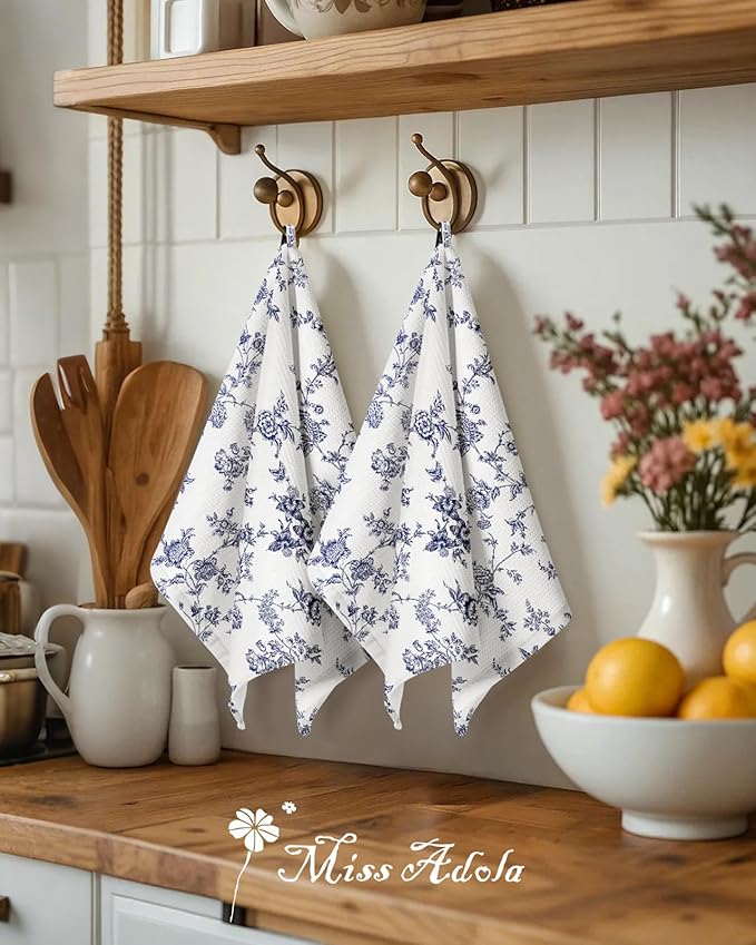 Miss Adola 2pcs Waffle Kitchen Towels - 16x26 Inch Cotton Waffle Weave Dish Cloths Set of 2 with Hanging Loop Absorbent Hand Tea Towels French Country Design for Housewarming Gift, Toile Print