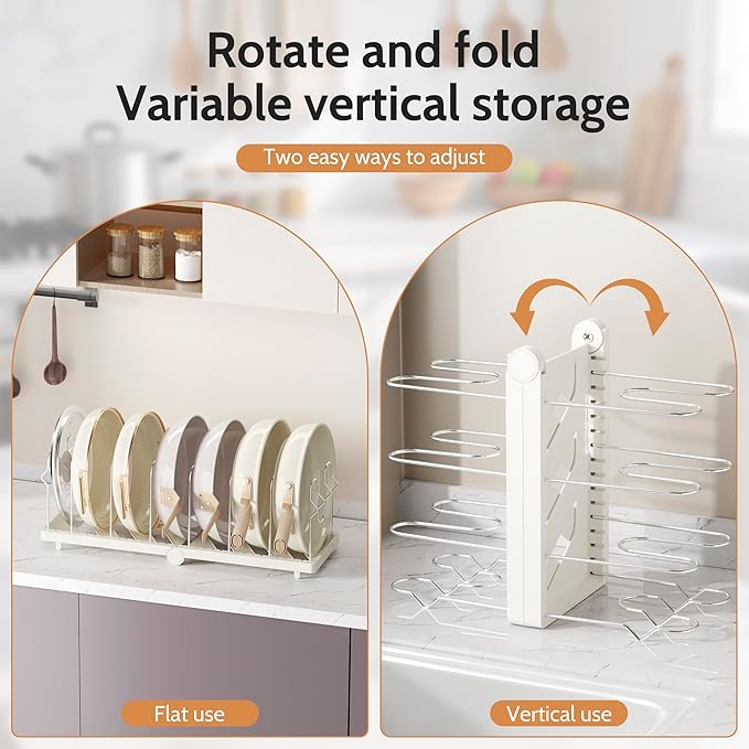 CEHNCEH Pots and Pans Organizer under Cabinet for Cabinet and Countertop Longest 28.5 in Foldable Adjustable 8-Tier Pan Organizer Rack Perfect to Store Pots, Kitchen Cabinet Organizer (White)
