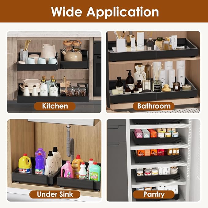 1 Pack Expandable Pull Out Cabinet Organizer 16.5" Deep, Adjustable Width 12.6"-20.5", No Drill Adhesive with Triple Track Rails, Heavy Duty Slide Out Drawers for Kitchen,Pantry,Cabinets,Black