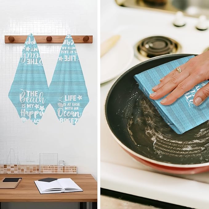 Jztco 2 Pcs Beach Coastal Kitchen Towels, Reusable Hand Tea Towel, Microfiber Dish Cloths for Drying Dishes, Waffle Dish Towels for Bathroom Kitchen Decor, Coastal Beach Gifts for Women Mom