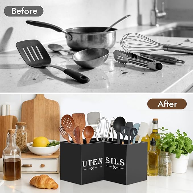 Large kitchen Utensil Holder, Wooden Utensil Organizer for Kitchen Countertop, Spatula and Spoon Cooking Holder with 3 Compartments, Black