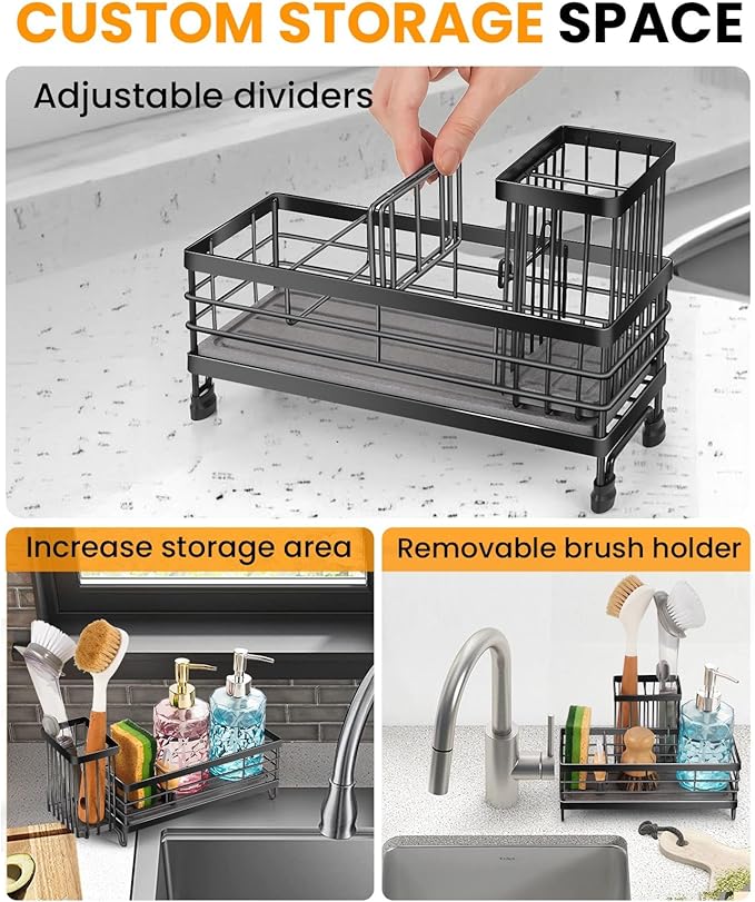 ARTLEO Kitchen Sink Caddy with Water Absorbent Diatomite Stone Sink Tray, Fast Drying Sink Organizer with High Dish Brush Holder Sponge Holder for Kitchen Sink, Stainless Steel