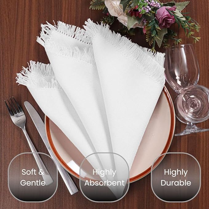 100% Cotton Cloth Dinner Napkins with Fringes Set of 6 - Large 20x20 Inches White - Soft Durable Reusable - Perfect for Dining Special Occasions Wedding Holidays Christmas