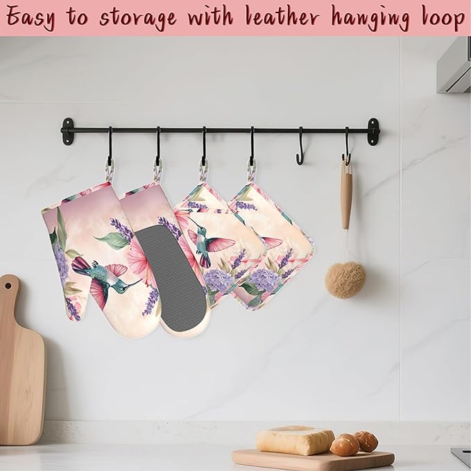 Hummingbird Heat-Resistant Silicone Oven Mitts and Pot Holders 4 Piece Set,Pink Flower Extra Long Non-Slip Kitchen Oven Gloves for Cooking, Baking, BBQ,Grilling