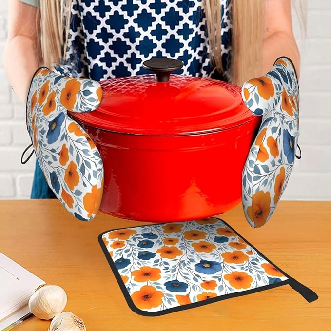 Spring Orange Blue Floral Oven Mitts and Pot Holders Sets of 3, Heat Resistant Non-Slip Burnt Orange Navy Flowers Kitchen Gloves Hot Pads for Cooking BBQ Grilling, Chef Baking Gifts for Women Baker