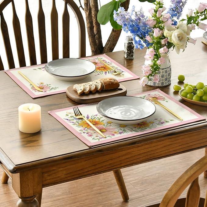 Artoid Mode Pink Sunflowers Butterfly Spring Placemats Set of 4, 12x18 Inch Seasonal Summer Holiday Table Mats for Party Kitchen Dining Decoration