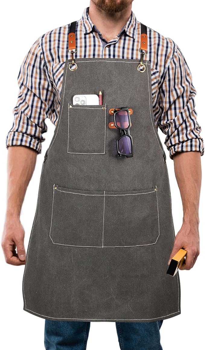 Men's Canvas Tool Apron, Heavy Duty Multi-Pocket Work Apron for Woodworking Gardening Bartender Adjustable Straps