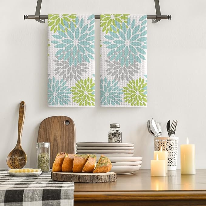 Artoid Mode Light Blue Dahlia Floral Kitchen Towels Dish Towels, 18x26 Inch Quick Dry Microfiber Cloth Hand Towels for Kitchen Drying Set of 2