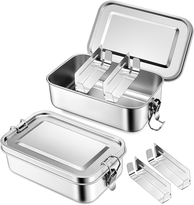 TeamFar Stainless Steel Bento Box, 2 Pack 28oz/850ml Metal Lunch Box with 3 Compartments for Adults Kids, Small Lunch Food Containers for School/Work/Meal Prep, Leak-Proof & Dishwasher Safe