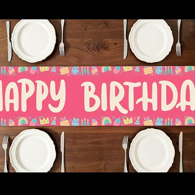 Happy Birthday Table Runner 13x72 Inch Pink Birthday Cake Box Candle Rainbow Farmhouse Polyester Linen Table Decoration for Kitchen Dinning, Indoor Outdoor Home Dinner Party (Red)