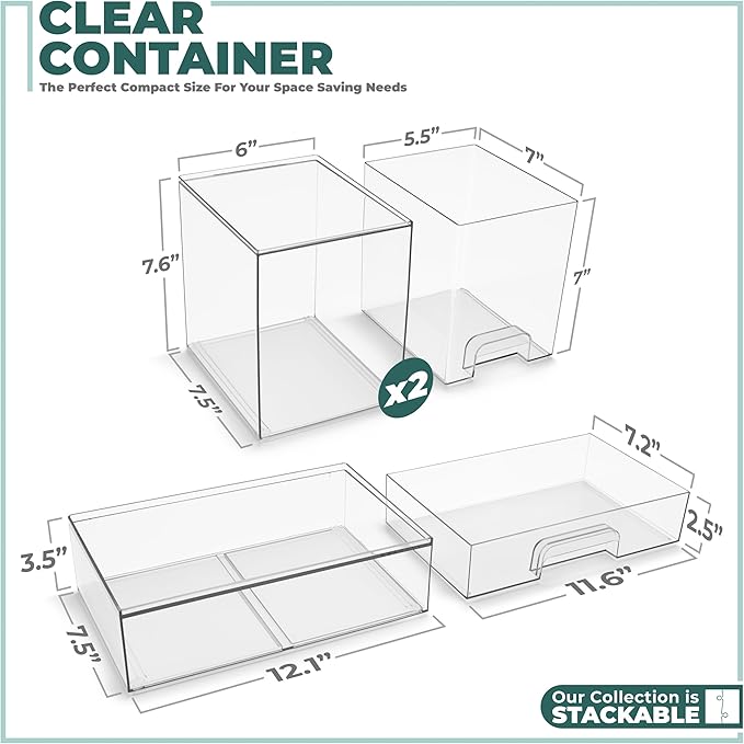 Sorbus Stackable Acrylic Storage Drawers – 4 Tall + 2 Wide – 6 Pack Clear Plastic Organizer Bins for Baby Bottles, Makeup, Bathroom & Vanity, Pull-Out Drawer Design for Kitchen Cabinets
