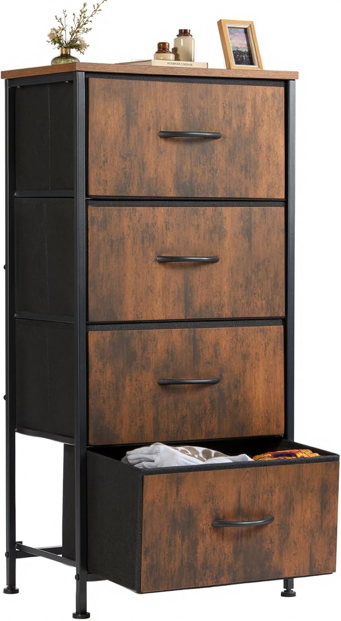 Sweetcrispy 4 Drawer Dresser, Fabric Storage Tower Organizer with Sturdy Steel Frame and Wood Top, Easy Pull Handles, for Bedroom, Closet, Entryway, Hallway, Brown