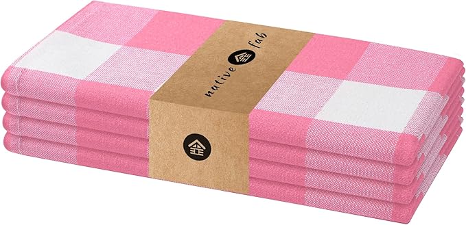 Native Fab Pink Buffalo Check Easter Napkins - Set of 4 (16x16) 100% Cotton, Gingham Checked Everyday Napkin - Soft, Absorbent, Washable Reusable Spring Table Linens for Family Dinner, Pastel Pink