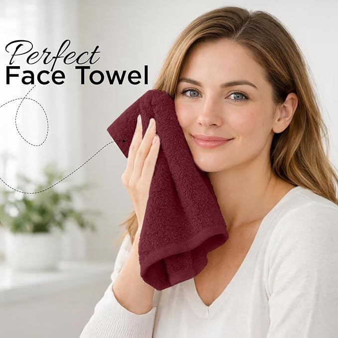 DAN RIVER 12-Pack Premium 100% Cotton Pomegranate Face Towels for Bathroom - Reusable Face Wash Cloths for Showering 12x12 Inches - 550 GSM Super Soft & Absorbent Luxury WashCloths for Body, Spa & Gym