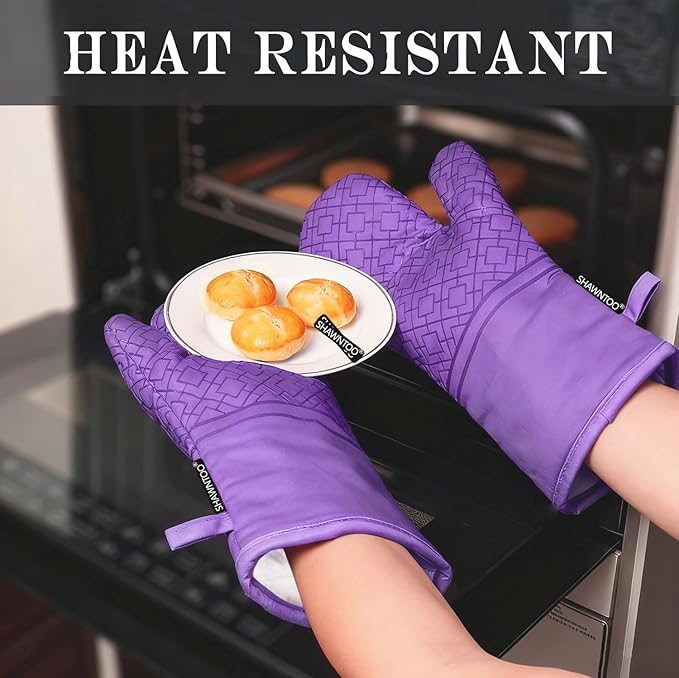 Oven Mitts and Pot Holders Sets 6pcs, Kitchen Oven Glove,High Heat Resistant 550 Degree Extra Long Oven Mitts and Potholders with Non-Slip Silicone Surface for Home Essentials (Grey) (Purple)