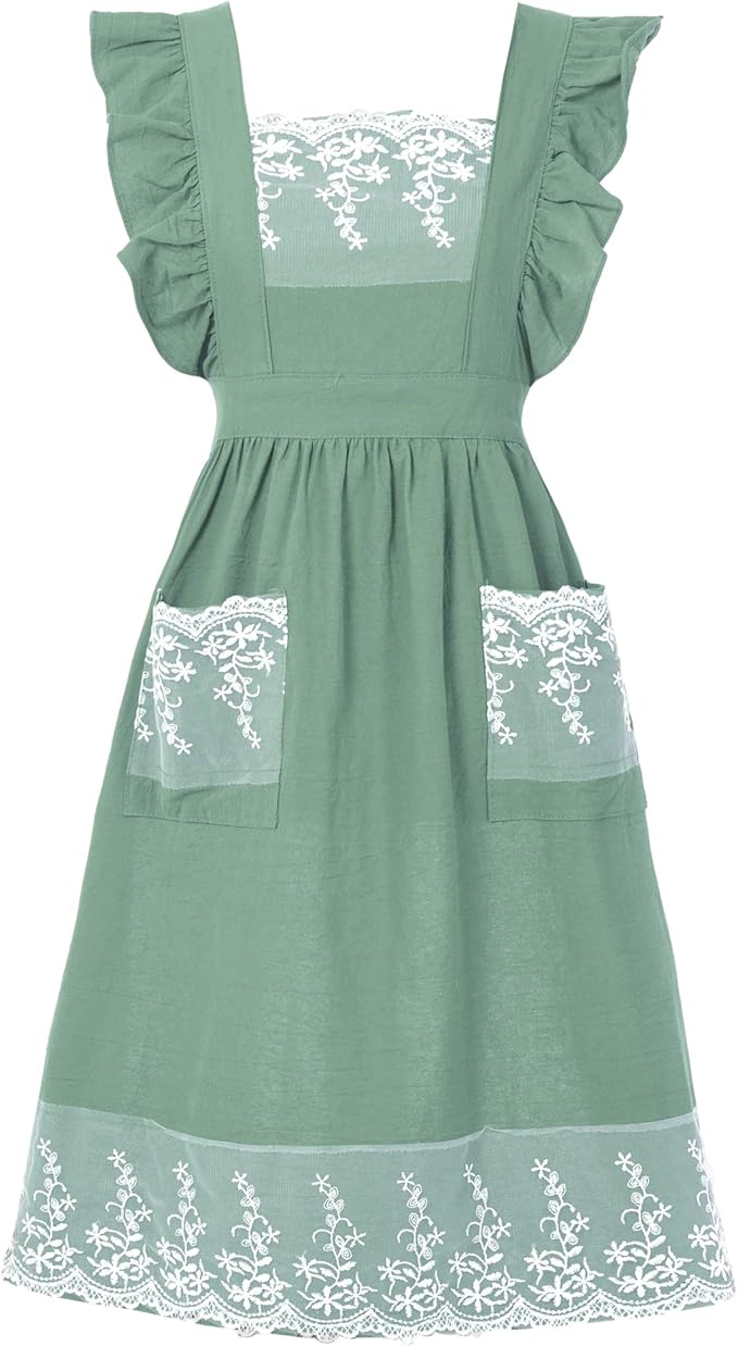 Aoomzoon Vintage Aprons for Women with Pockets Cute Lace Ruffle Adjustable Apron for Cooking Kitchen Baking Gardening