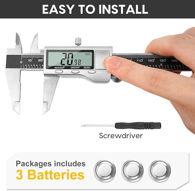 Digital Caliper Measuring Tool, 6 Inch Caliper Tool with Large LCD Screen, Easy Switch from Inch Millimeter Fraction, Stainless Steel Vernier Caliper Digital Micrometer for DIY/Household