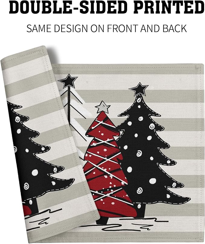 Xmas Tree Placemats Set of 4 Red Black Buffalo Plaid Pine Tree Non-Slip Washable Place Mats Stripe Decoration Table Mats 12 x 18 Inch for Winter Tabletop Holiday Party