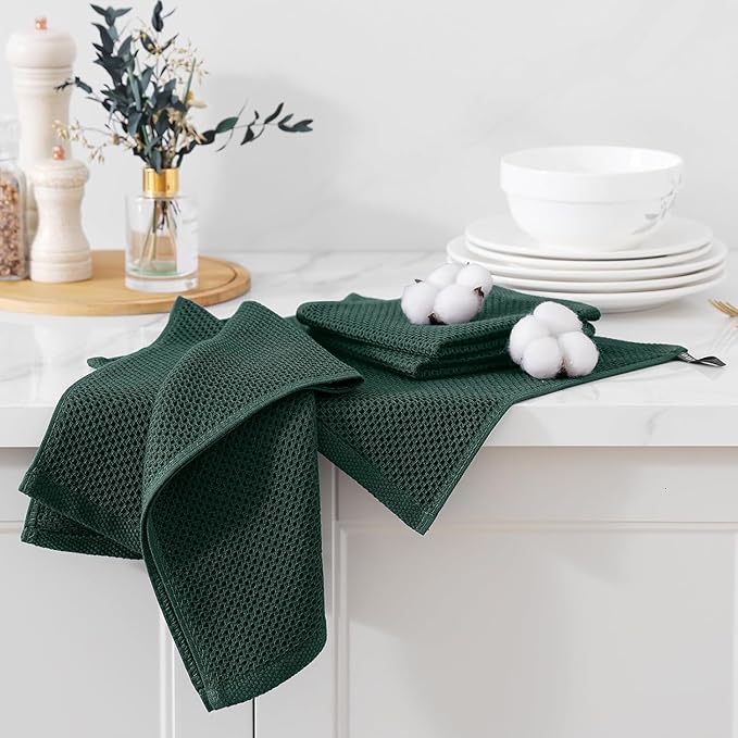 Kitinjoy 100% Cotton Kitchen Towels and Dishcloths Set, 8 Pack-13" x 28" and 12" x 12" Waffle Weave Dish Towels, Ultra Soft Absorbent Quick Drying Dish Rags, Blackish Green